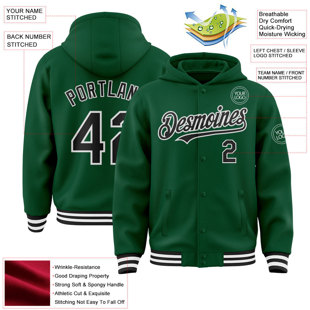 Custom Kelly Green Black-White Bomber Full-Snap Varsity Letterman Hoodie Jacket view 3