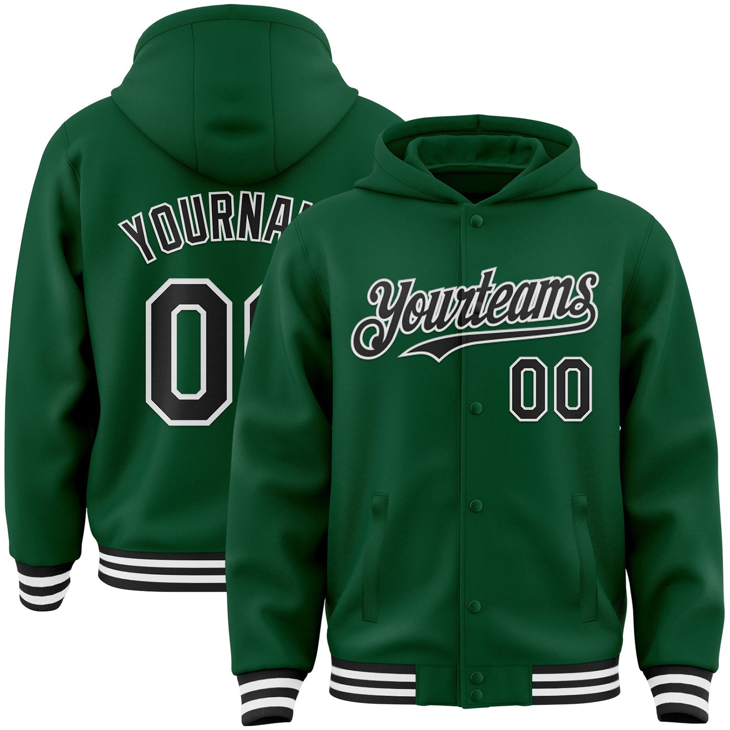Custom Kelly Green Black-White Bomber Full-Snap Varsity Letterman Hoodie Jacket - Main View