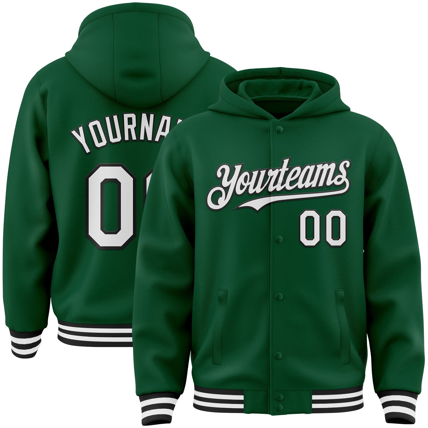 Custom Kelly Green White-Black Bomber Full-Snap Varsity Letterman Hoodie Jacket - Main View