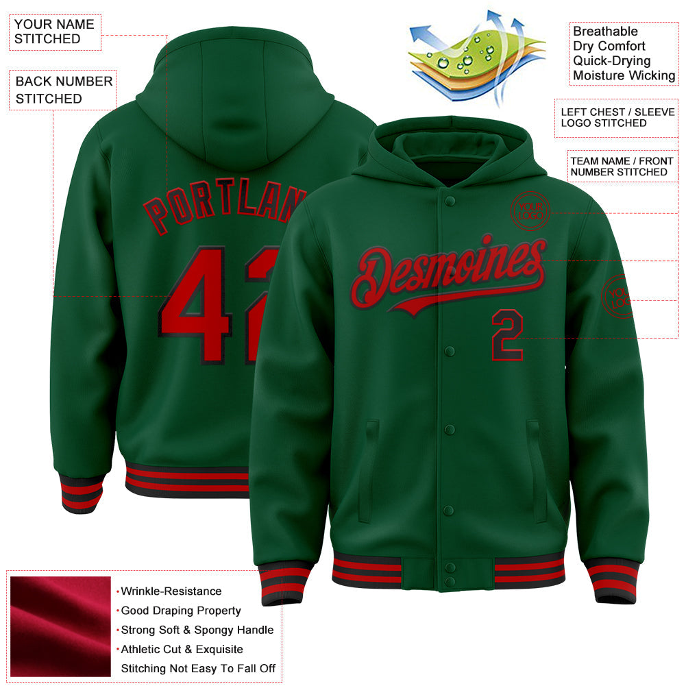 Custom Kelly Green Red-Black Bomber Full-Snap Varsity Letterman Hoodie Jacket view 3