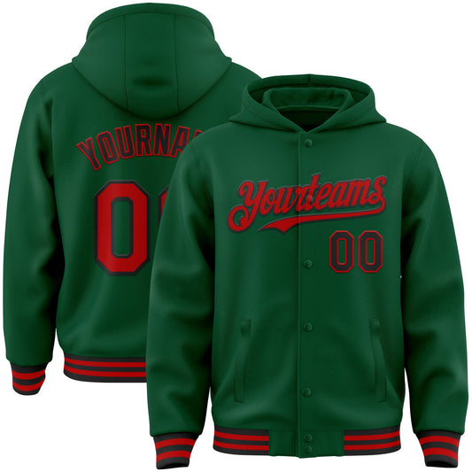 Custom Kelly Green Red-Black Bomber Full-Snap Varsity Letterman Hoodie Jacket - Main View