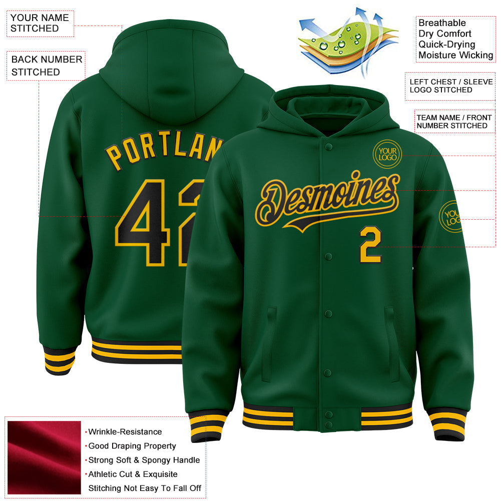 Custom Kelly Green Black-Gold Bomber Full-Snap Varsity Letterman Hoodie Jacket view 3