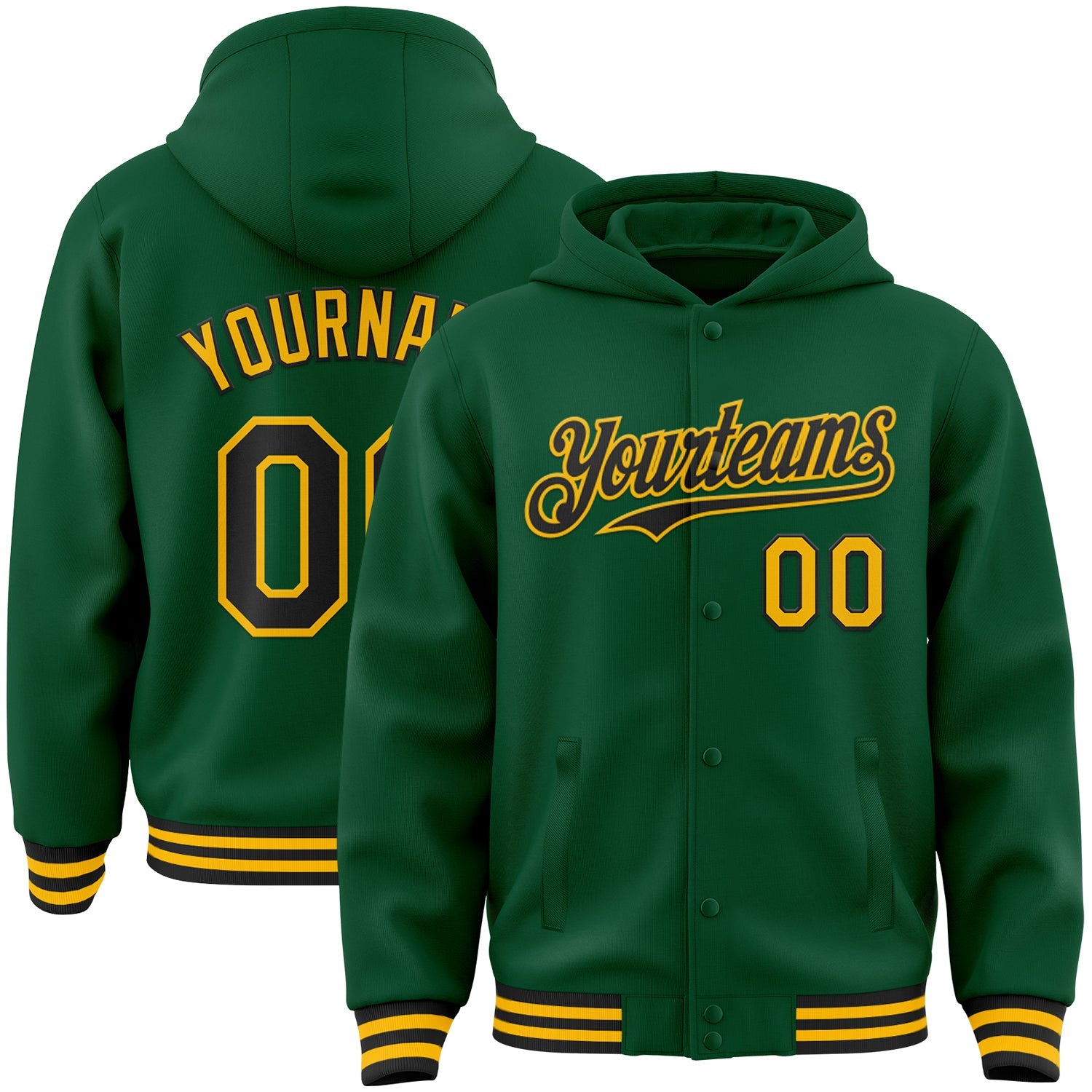 Custom Kelly Green Black-Gold Bomber Full-Snap Varsity Letterman Hoodie Jacket - Main View