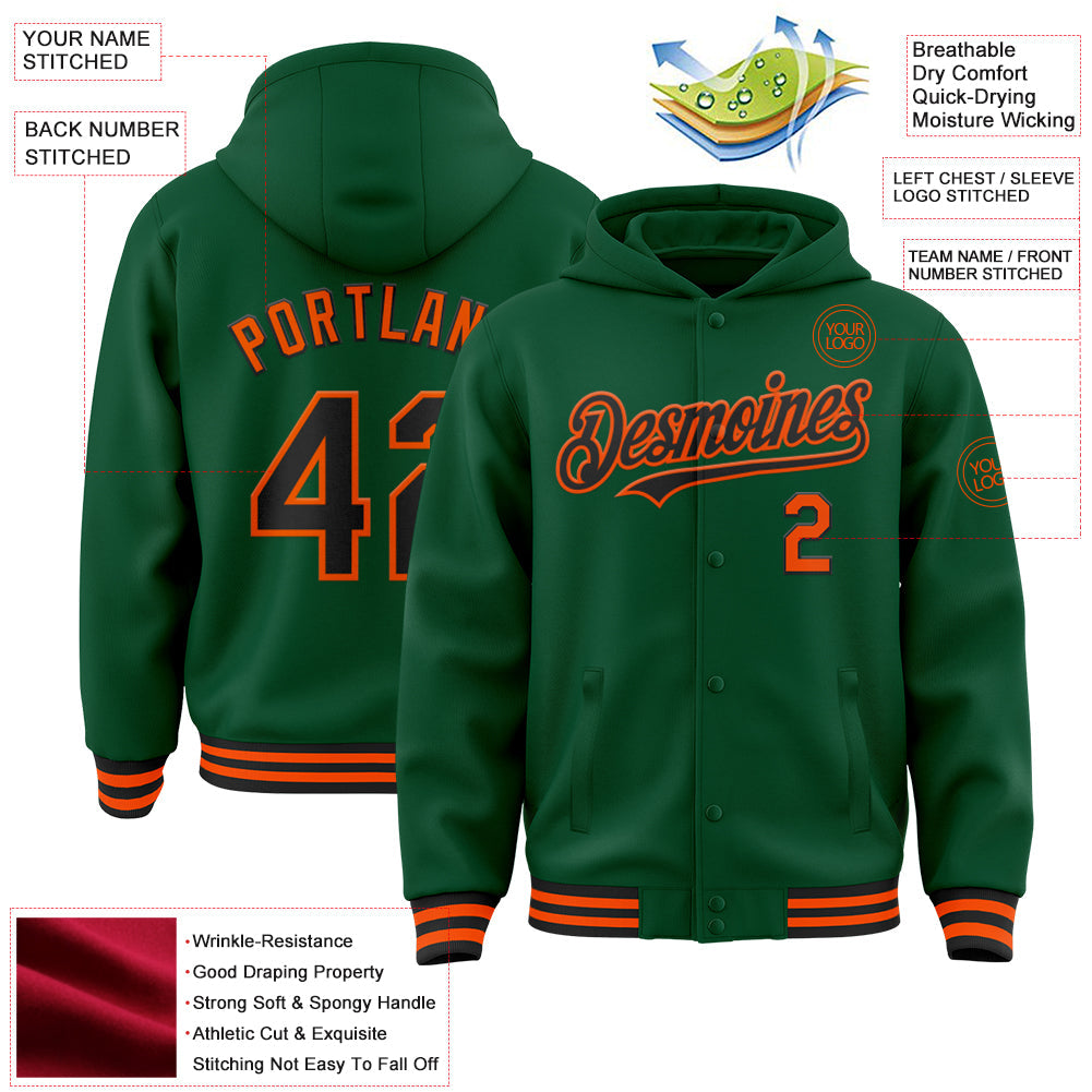 Custom Kelly Green Black-Orange Bomber Full-Snap Varsity Letterman Hoodie Jacket view 3