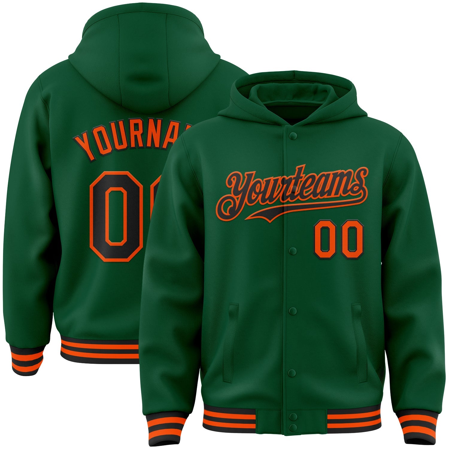 Custom Kelly Green Black-Orange Bomber Full-Snap Varsity Letterman Hoodie Jacket - Main View