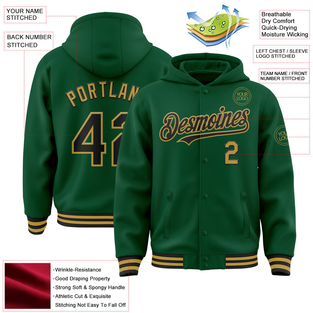 Custom Kelly Green Black-Old Gold Bomber Full-Snap Varsity Letterman Hoodie Jacket view 3