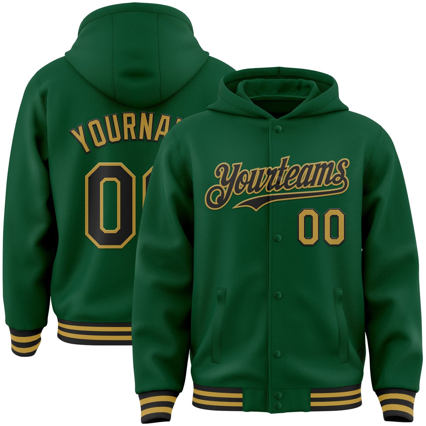Custom Kelly Green Black-Old Gold Bomber Full-Snap Varsity Letterman Hoodie Jacket - Main View