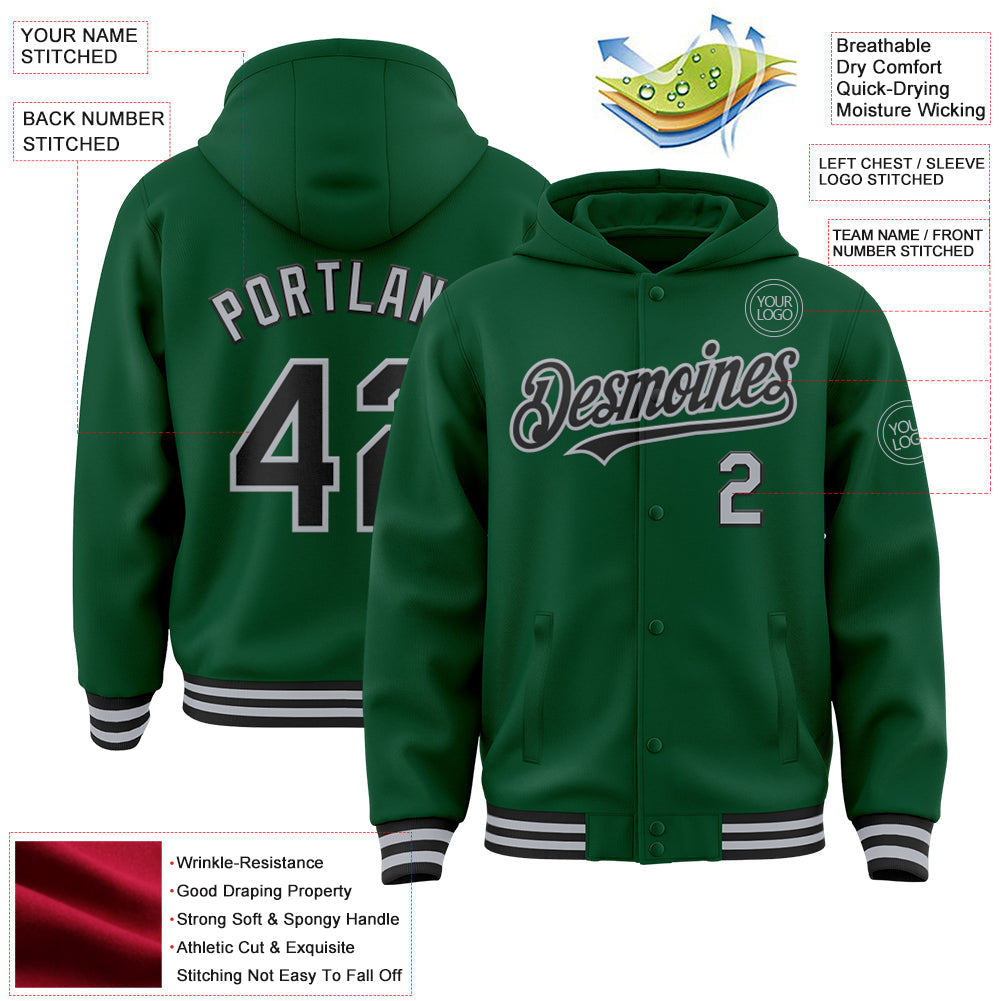 Custom Kelly Green Black-Gray Bomber Full-Snap Varsity Letterman Hoodie Jacket view 3