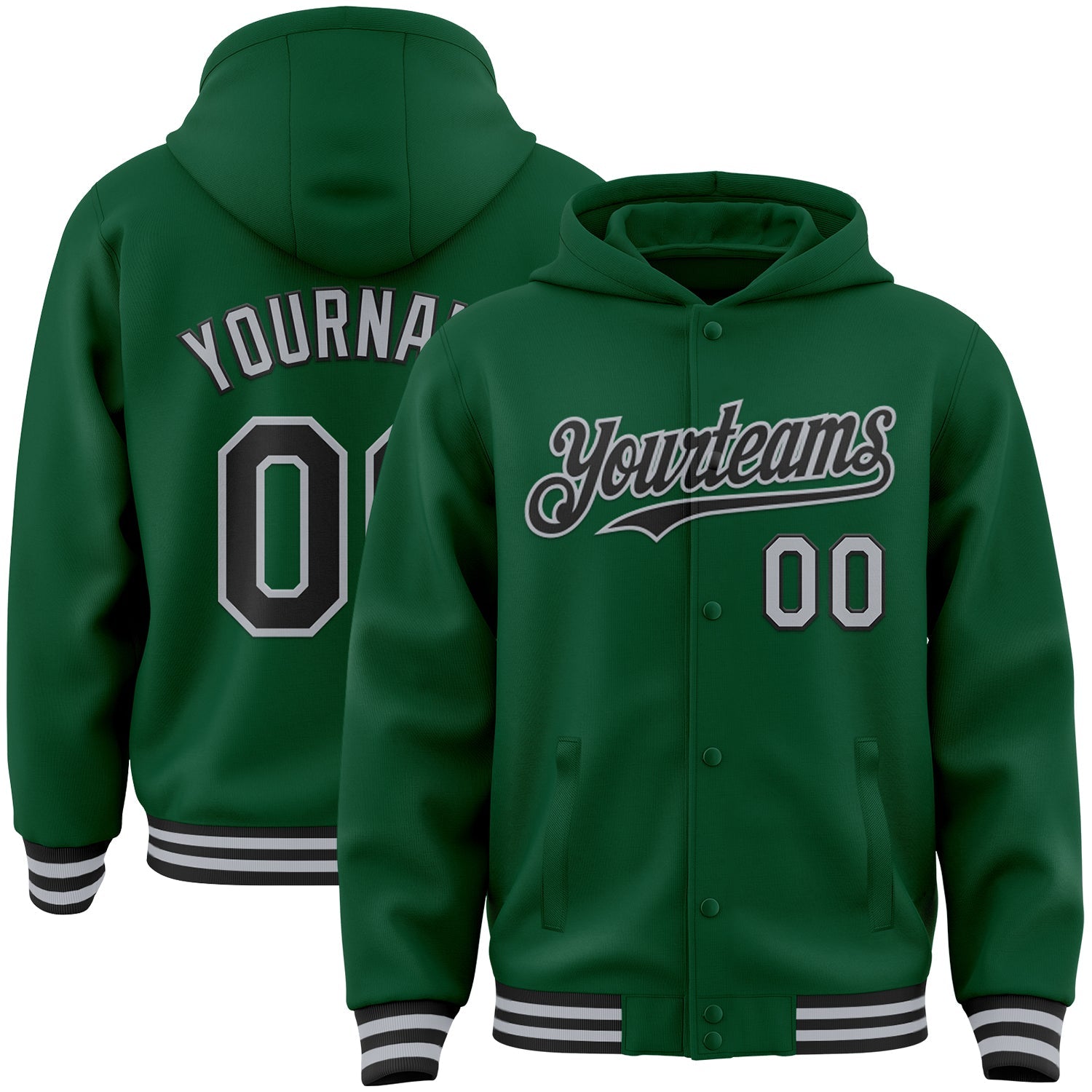 Custom Kelly Green Black-Gray Bomber Full-Snap Varsity Letterman Hoodie Jacket - Main View