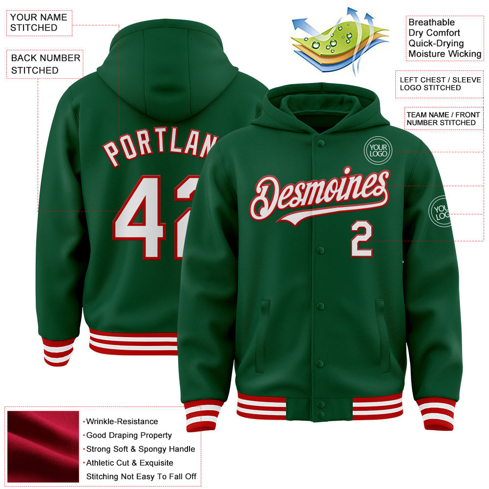 Custom Kelly Green White-Red Bomber Full-Snap Varsity Letterman Hoodie Jacket view 3