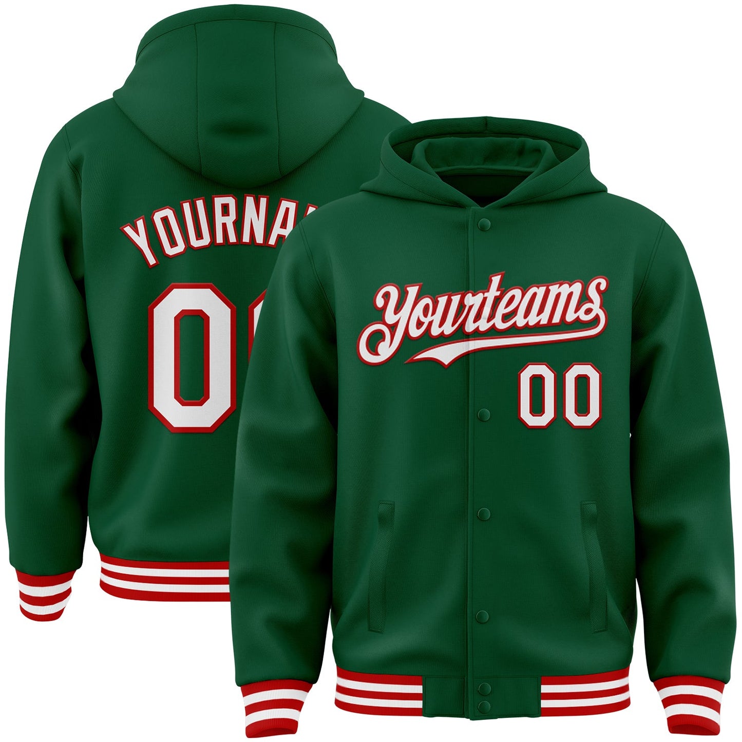 Custom Kelly Green White-Red Bomber Full-Snap Varsity Letterman Hoodie Jacket - Main View