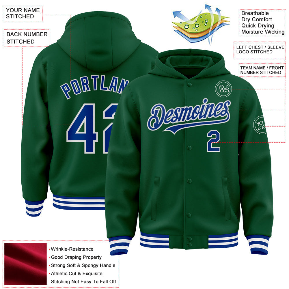 Custom Kelly Green Royal-White Bomber Full-Snap Varsity Letterman Hoodie Jacket view 3