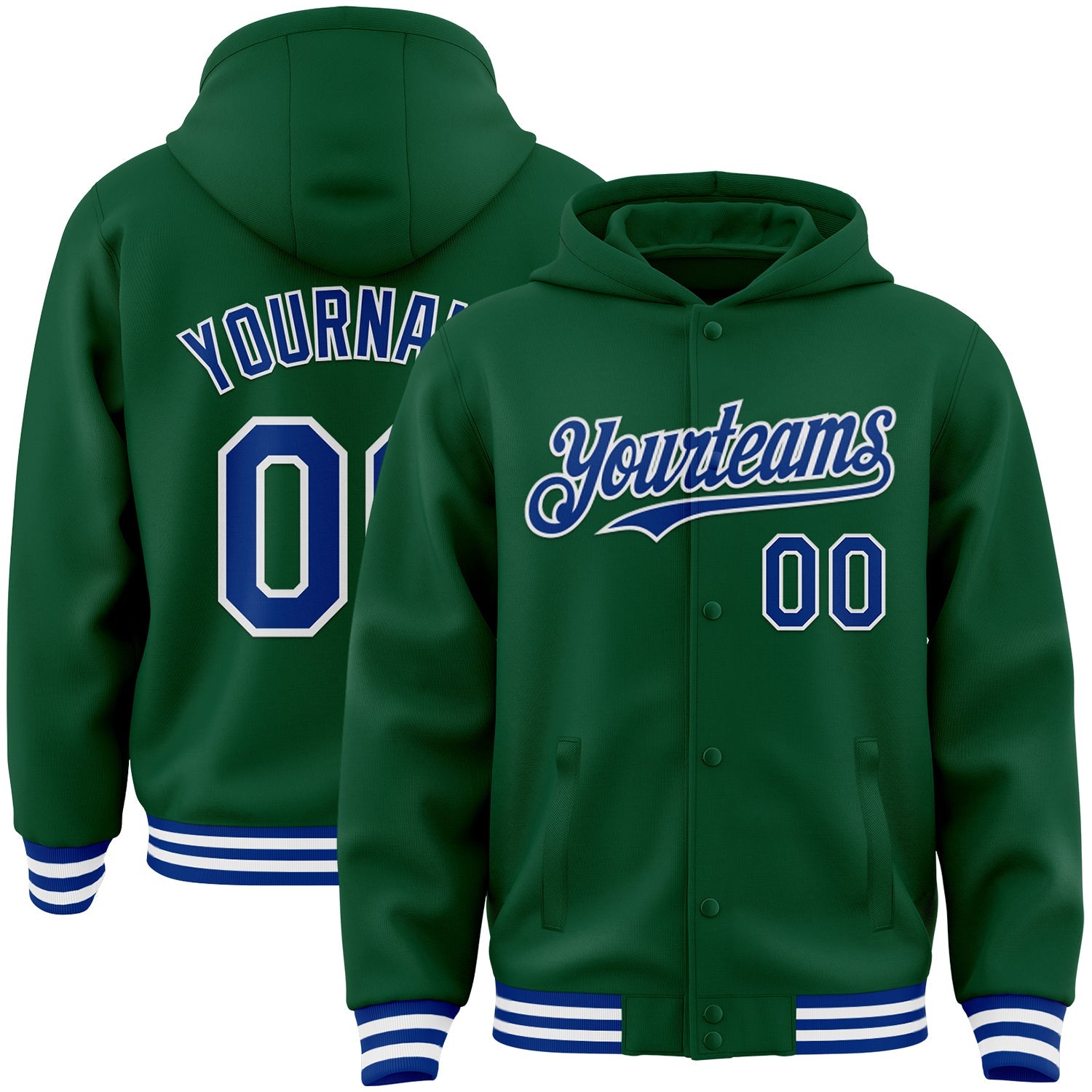 Custom Kelly Green Royal-White Bomber Full-Snap Varsity Letterman Hoodie Jacket - Main View