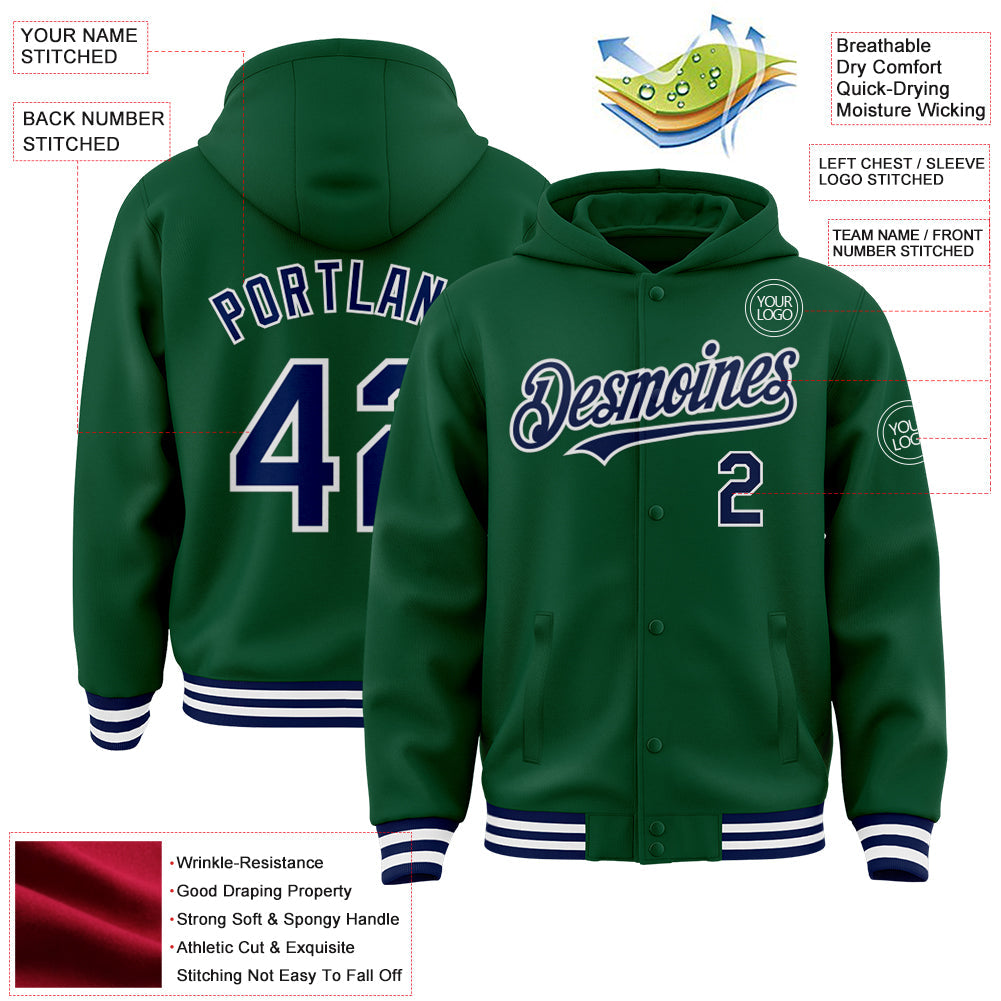 Custom Kelly Green Navy-White Bomber Full-Snap Varsity Letterman Hoodie Jacket view 3