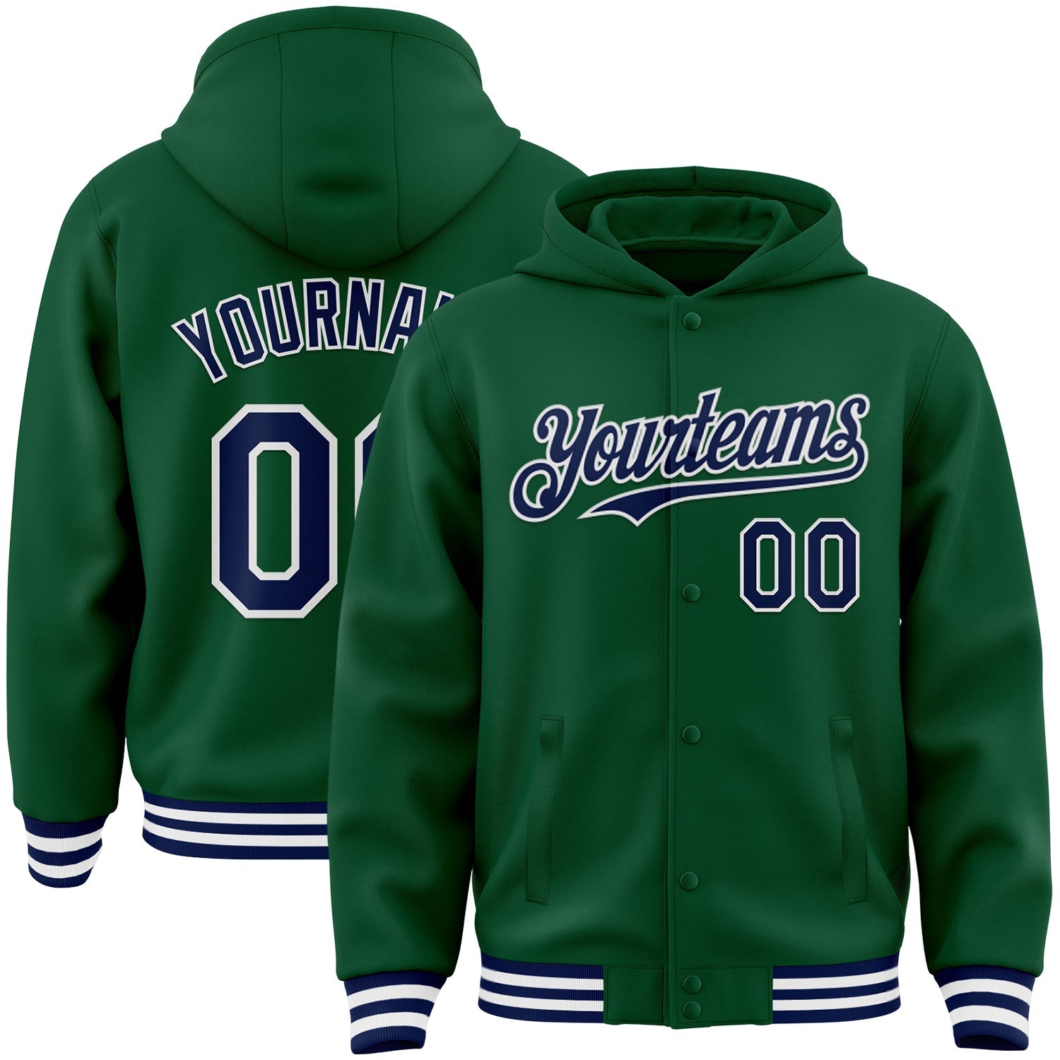 Custom Kelly Green Navy-White Bomber Full-Snap Varsity Letterman Hoodie Jacket - Main View