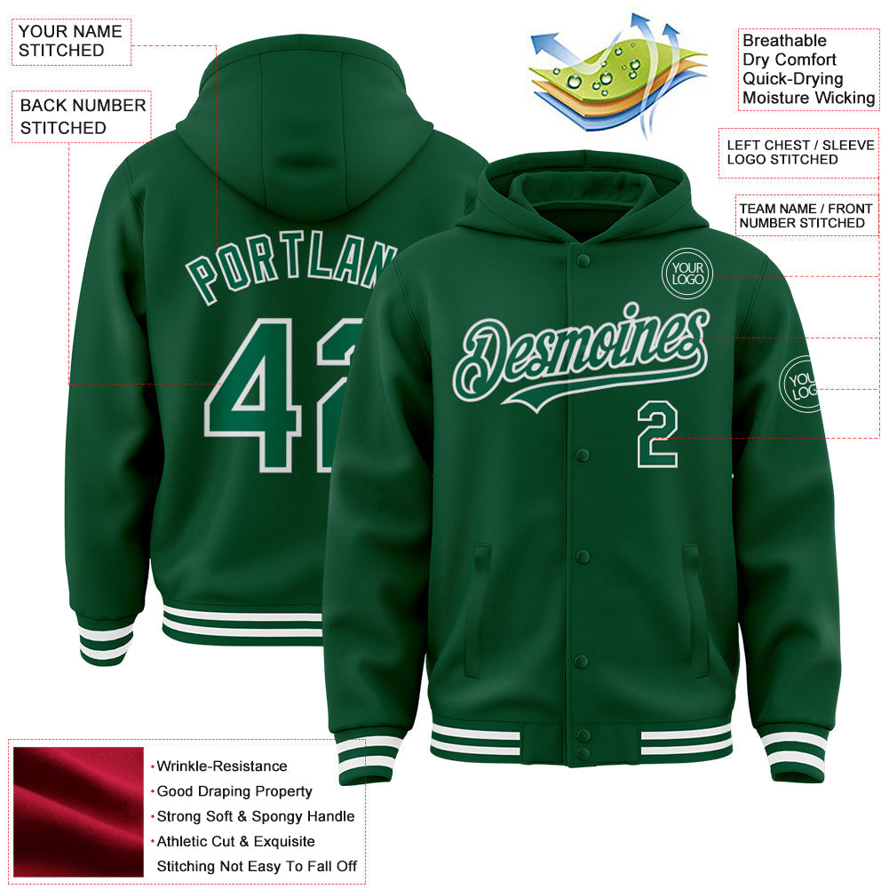 Custom Kelly Green White Bomber Full-Snap Varsity Letterman Hoodie Jacket view 3