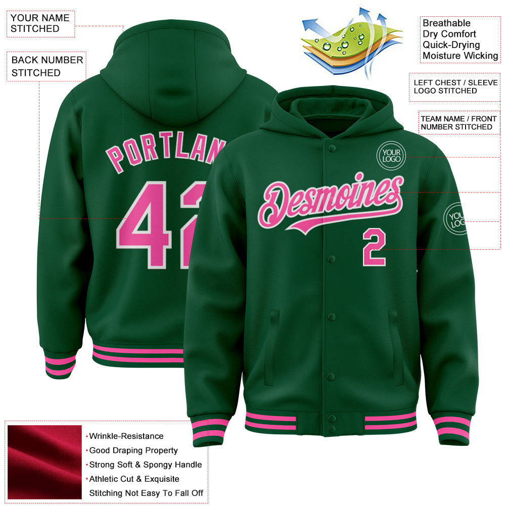 Custom Kelly Green Pink-White Bomber Full-Snap Varsity Letterman Hoodie Jacket view 3