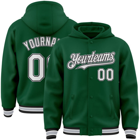 Custom Kelly Green Black-Gray Bomber Full-Snap Varsity Letterman Hoodie Jacket - Main View