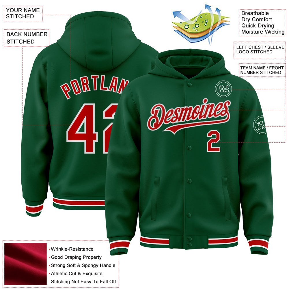 Custom Kelly Green Red-White Bomber Full-Snap Varsity Letterman Hoodie Jacket view 3