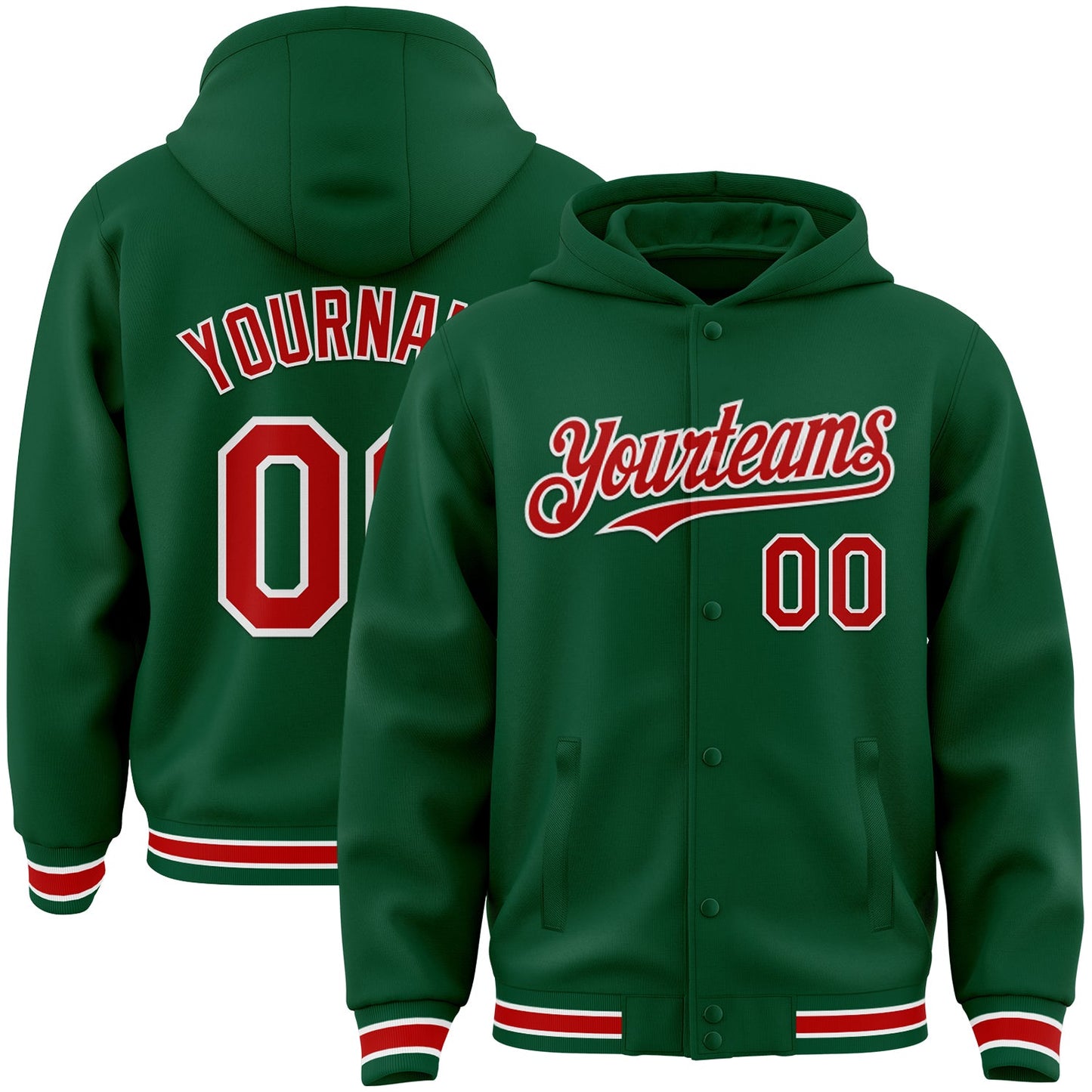 Custom Kelly Green Red-White Bomber Full-Snap Varsity Letterman Hoodie Jacket - Main View