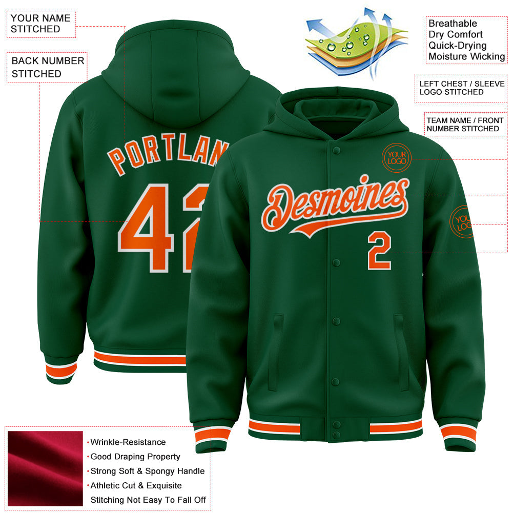 Custom Kelly Green Orange-White Bomber Full-Snap Varsity Letterman Hoodie Jacket view 3