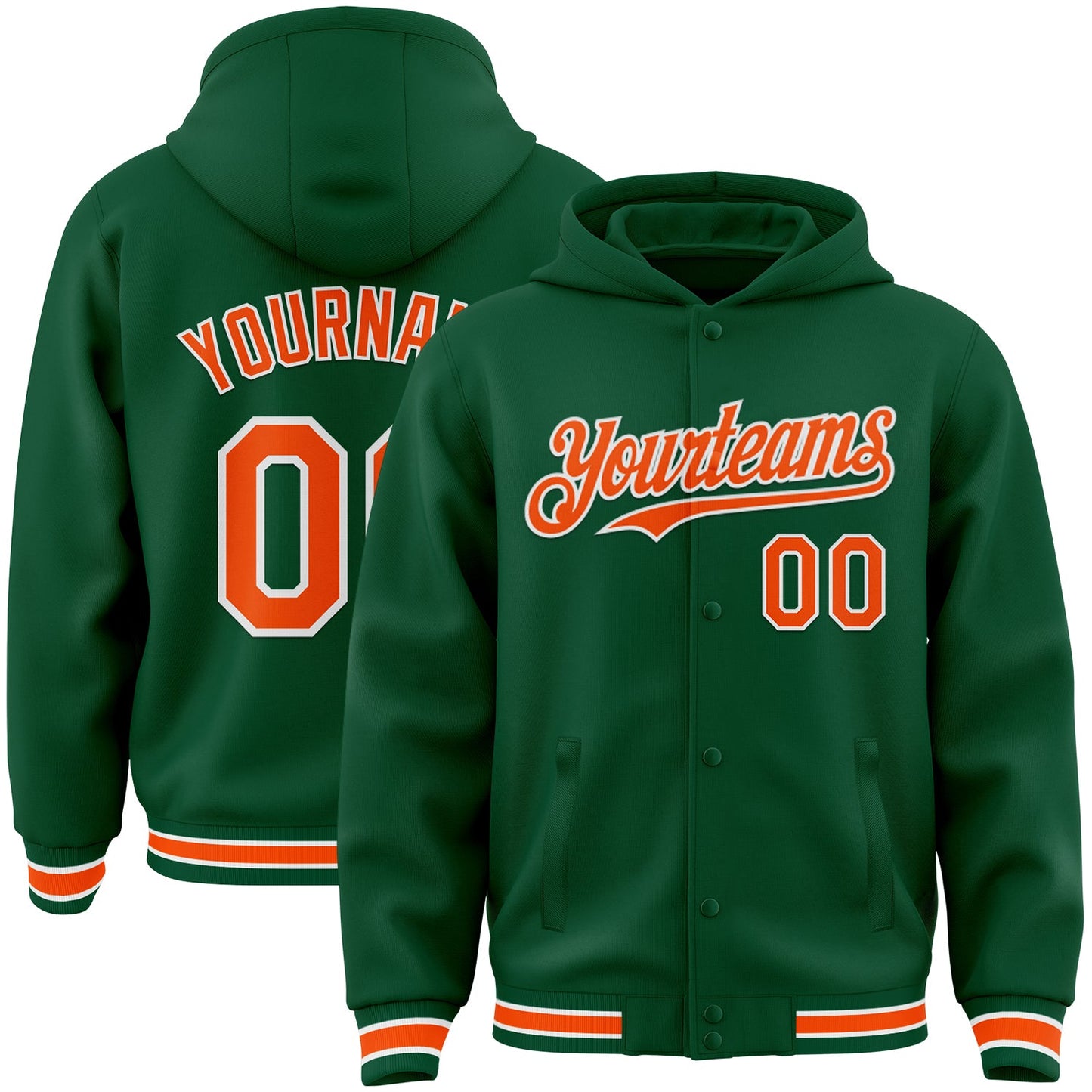 Custom Kelly Green Orange-White Bomber Full-Snap Varsity Letterman Hoodie Jacket - Main View