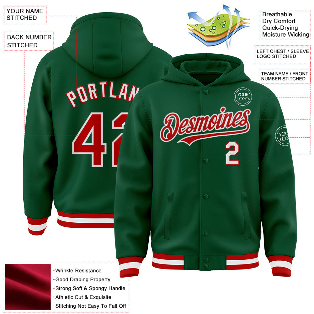 Custom Kelly Green Red-White Bomber Full-Snap Varsity Letterman Hoodie Jacket view 3