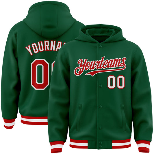 Custom Kelly Green Red-White Bomber Full-Snap Varsity Letterman Hoodie Jacket - Main View