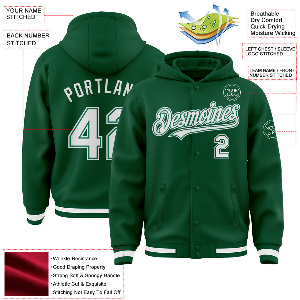 Custom Kelly Green White Bomber Full-Snap Varsity Letterman Hoodie Jacket view 3