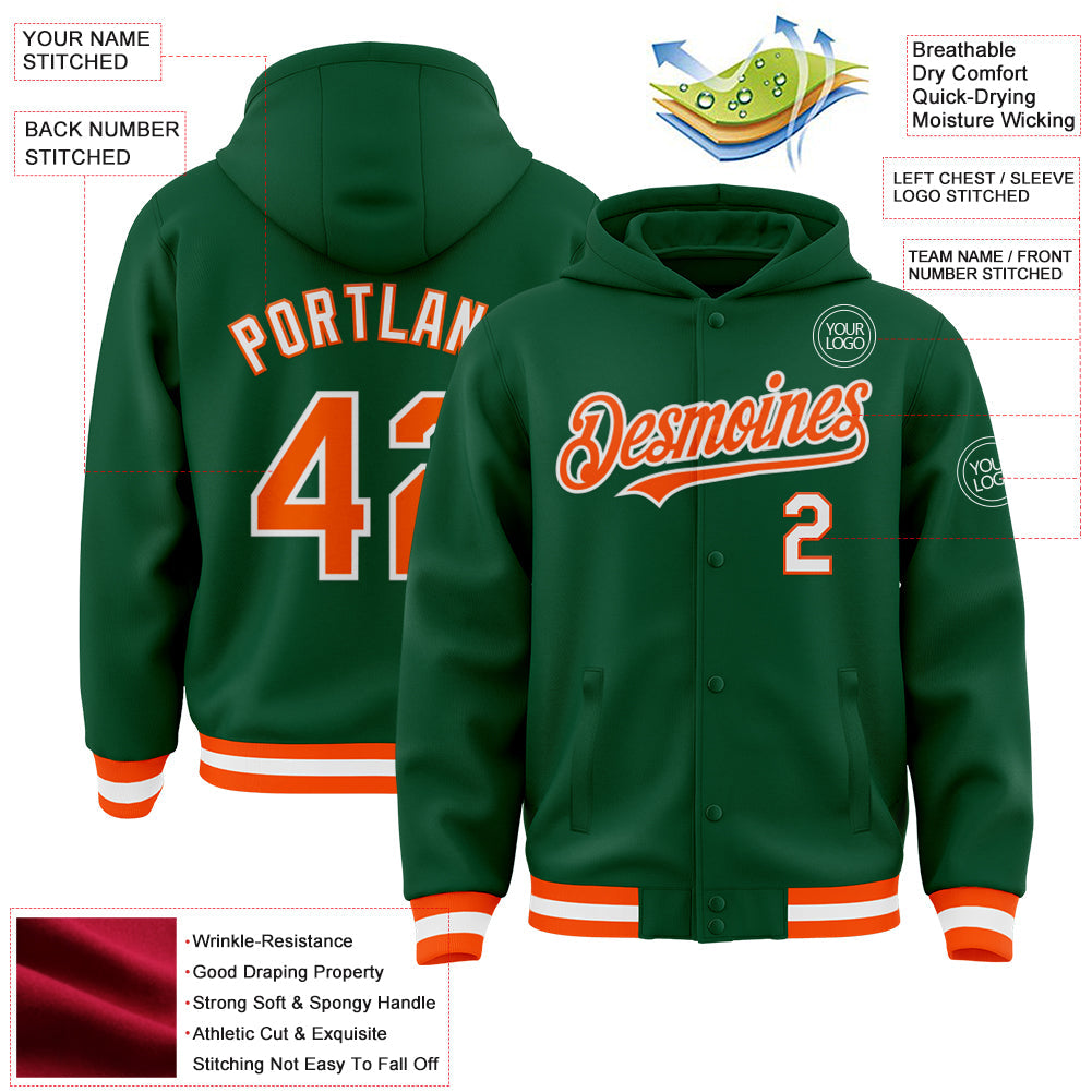 Custom Kelly Green Orange-White Bomber Full-Snap Varsity Letterman Hoodie Jacket view 3