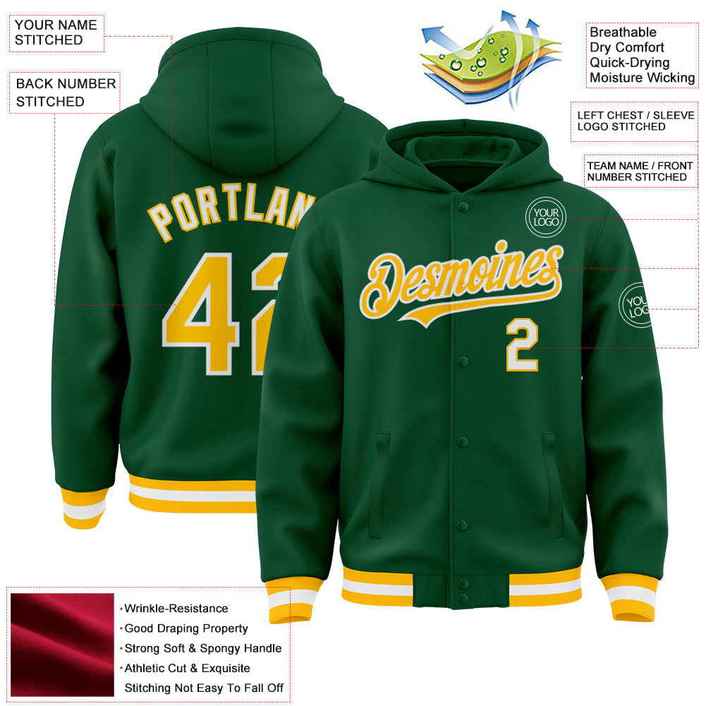 Custom Kelly Green Gold-White Bomber Full-Snap Varsity Letterman Hoodie Jacket view 3