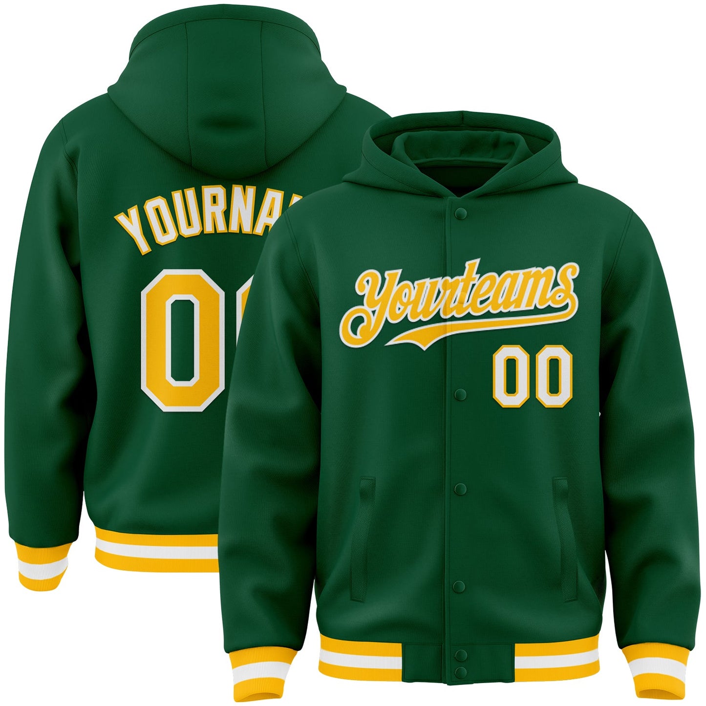 Custom Kelly Green Gold-White Bomber Full-Snap Varsity Letterman Hoodie Jacket - Main View
