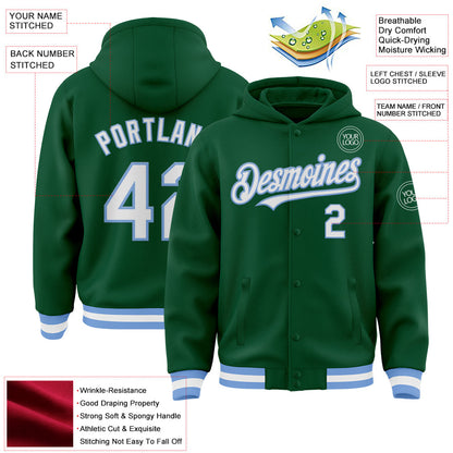 Custom Kelly Green White-Light Blue Bomber Full-Snap Varsity Letterman Hoodie Jacket view 3