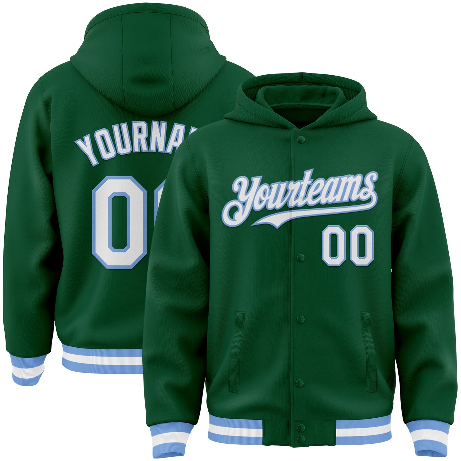 Custom Kelly Green White-Light Blue Bomber Full-Snap Varsity Letterman Hoodie Jacket - Main View