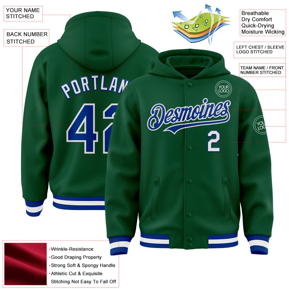 Custom Kelly Green Royal-White Bomber Full-Snap Varsity Letterman Hoodie Jacket view 3