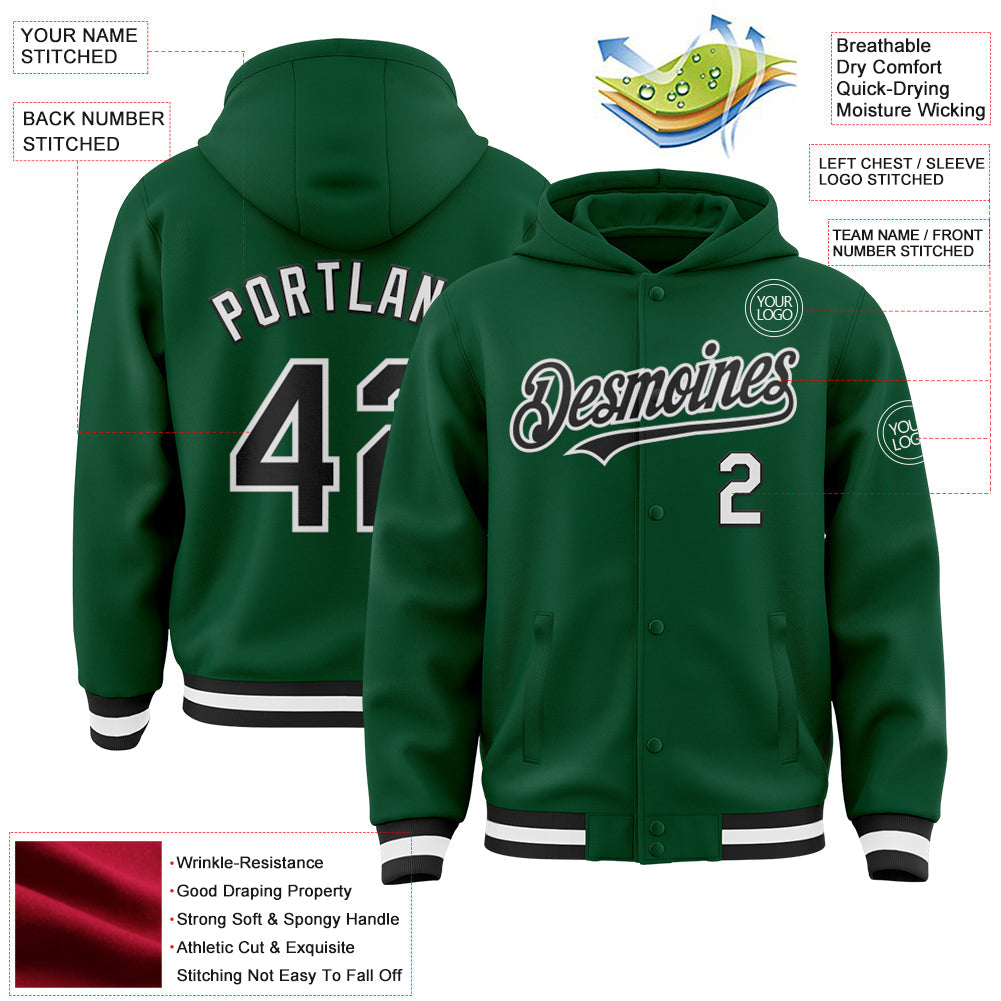 Custom Kelly Green Black-White Bomber Full-Snap Varsity Letterman Hoodie Jacket view 3