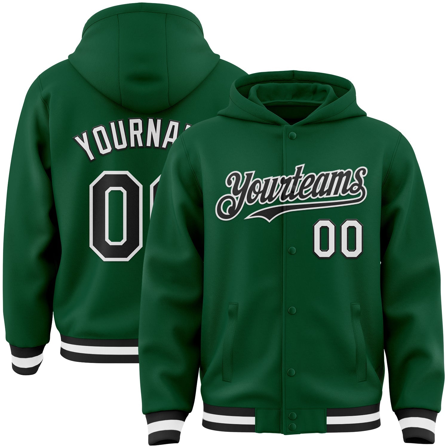 Custom Kelly Green Black-White Bomber Full-Snap Varsity Letterman Hoodie Jacket - Main View