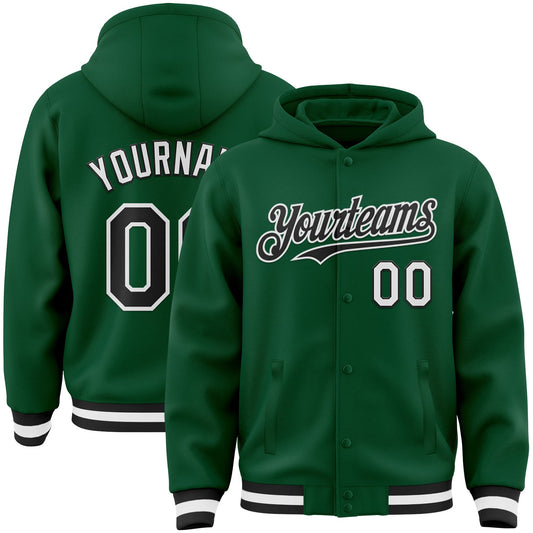 Custom Kelly Green Black-White Bomber Full-Snap Varsity Letterman Hoodie Jacket - Main View