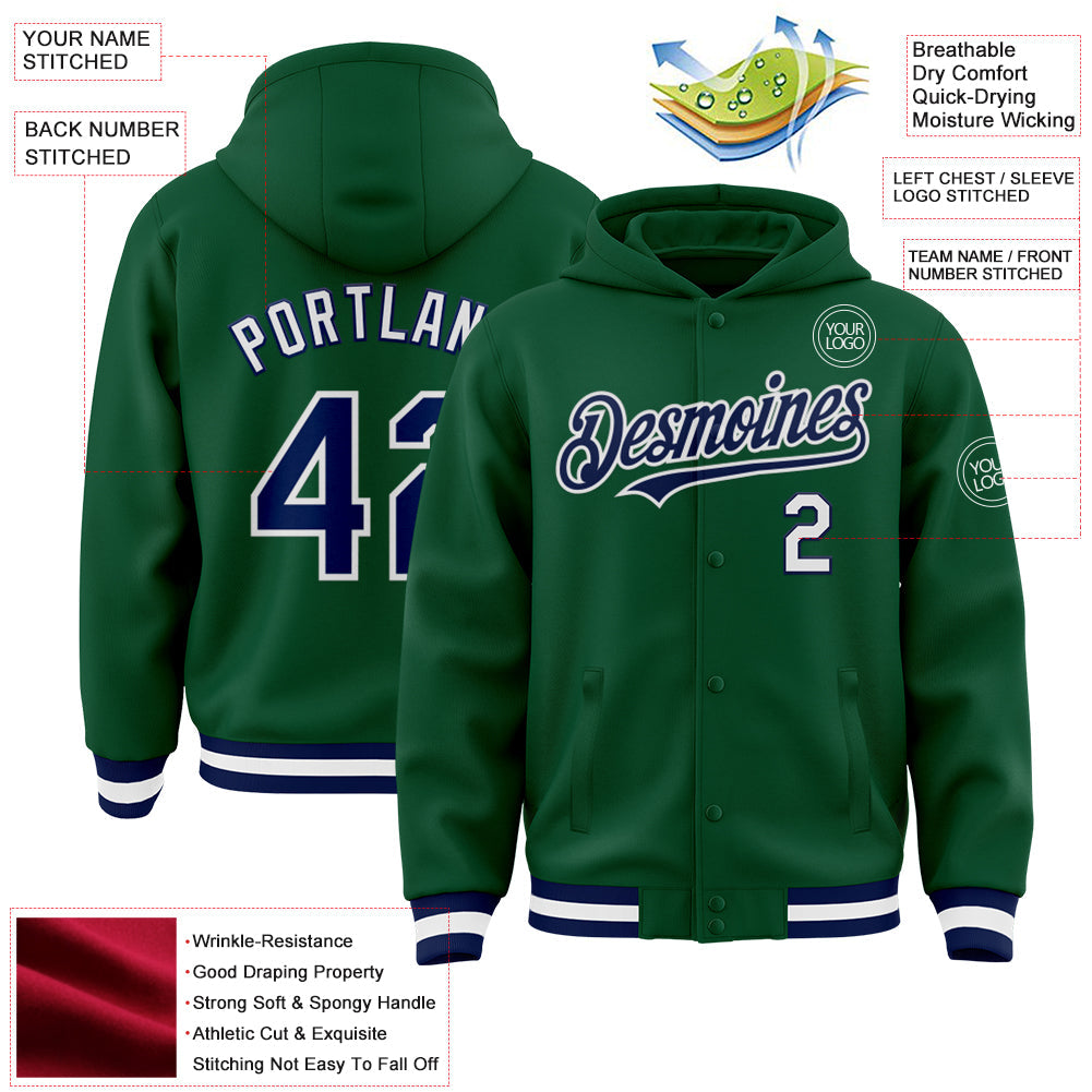 Custom Kelly Green Navy-White Bomber Full-Snap Varsity Letterman Hoodie Jacket view 3