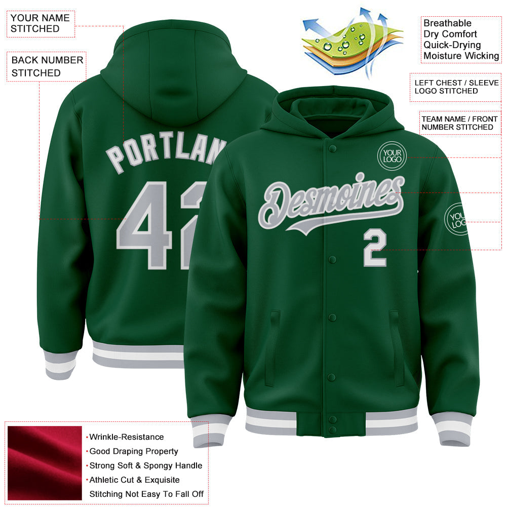 Custom Kelly Green Gray-White Bomber Full-Snap Varsity Letterman Hoodie Jacket view 3