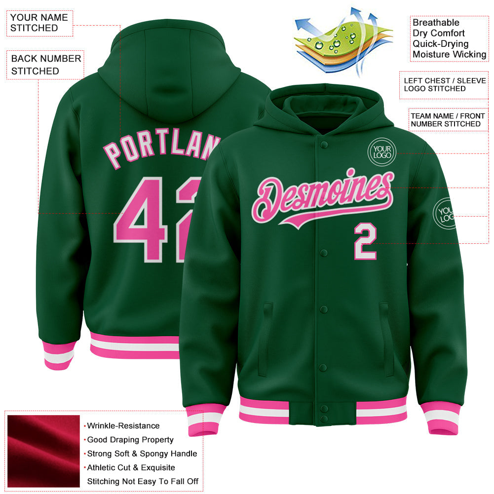 Custom Kelly Green Pink-White Bomber Full-Snap Varsity Letterman Hoodie Jacket view 3