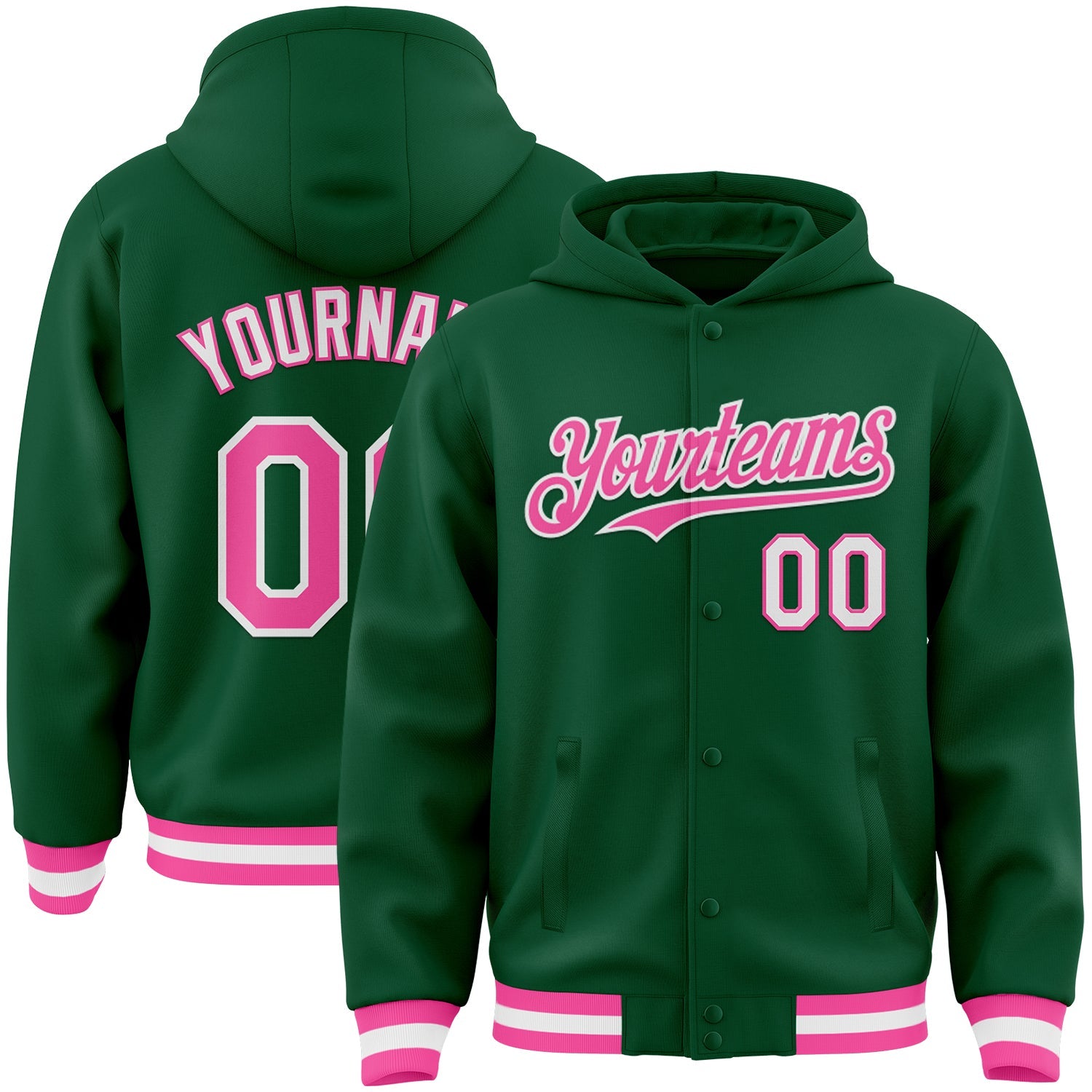 Custom Kelly Green Pink-White Bomber Full-Snap Varsity Letterman Hoodie Jacket - Main View