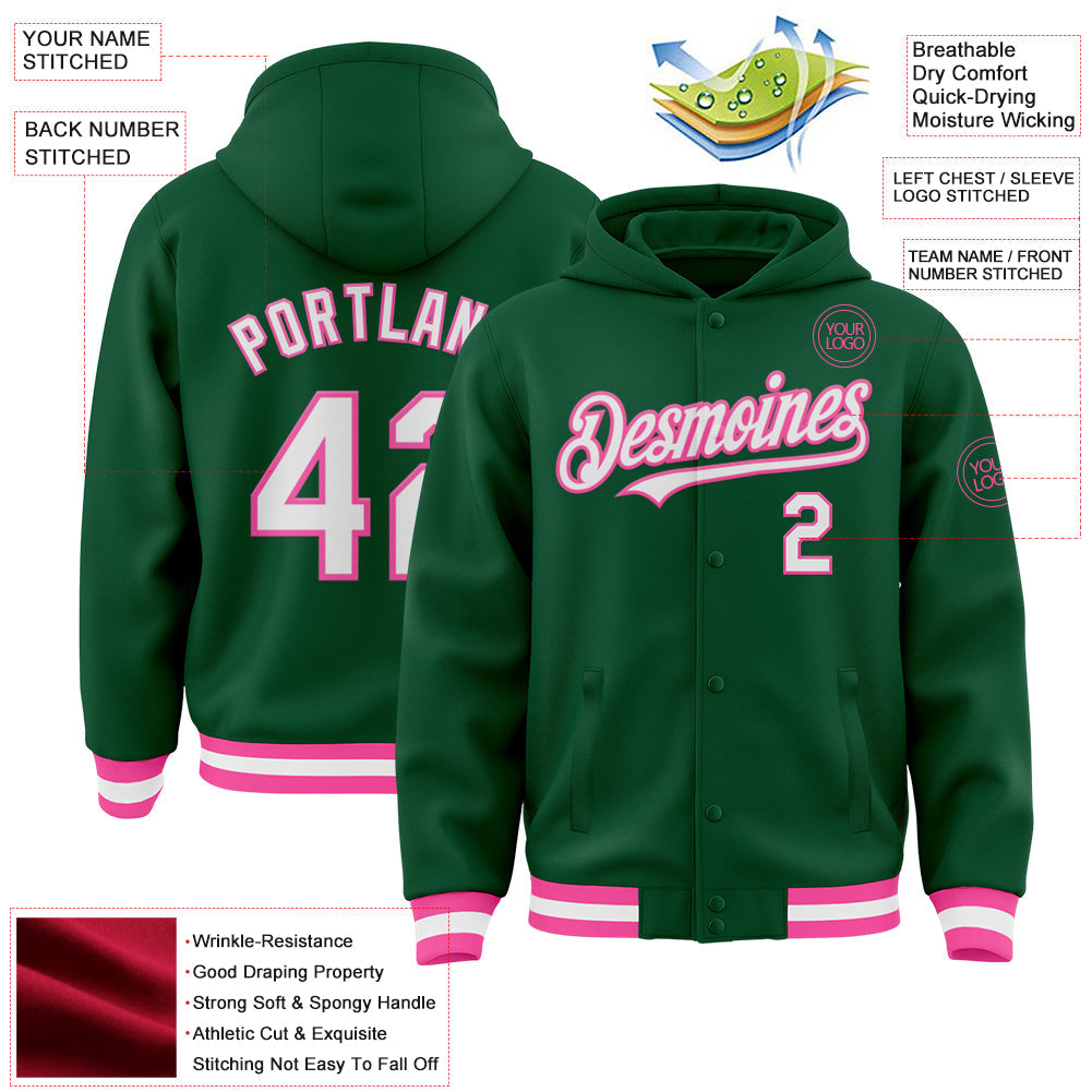 Custom Kelly Green White-Pink Bomber Full-Snap Varsity Letterman Hoodie Jacket view 3