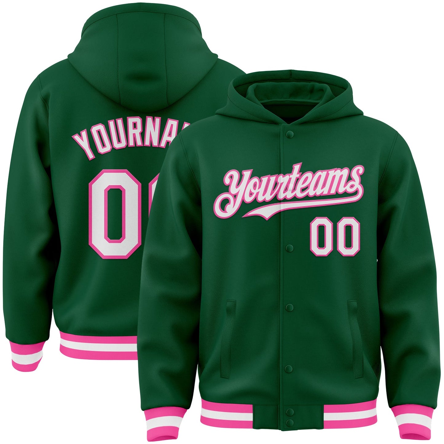 Custom Kelly Green White-Pink Bomber Full-Snap Varsity Letterman Hoodie Jacket - Main View