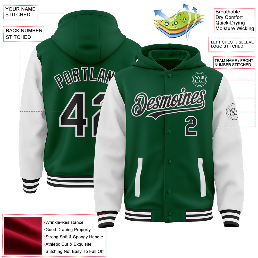 Custom Kelly Green Black-White Bomber Full-Snap Varsity Letterman Two Tone Hoodie Jacket view 3