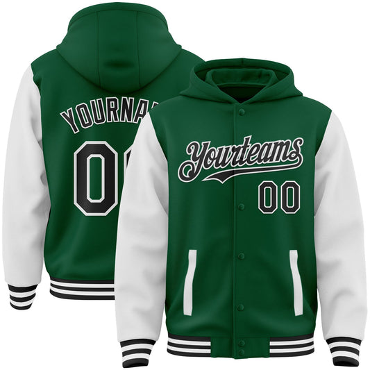 Custom Kelly Green Black-White Bomber Full-Snap Varsity Letterman Two Tone Hoodie Jacket - Main View