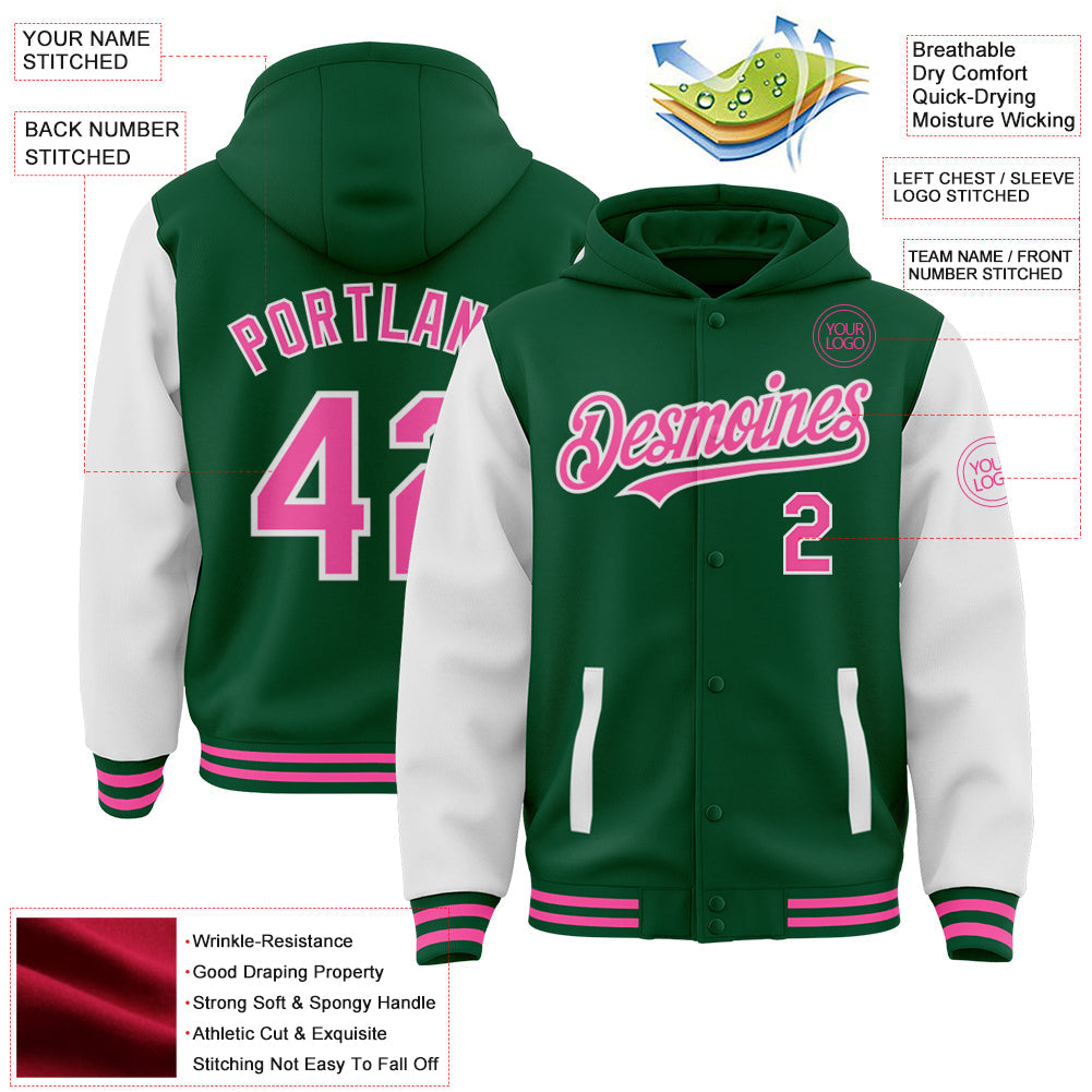 Custom Kelly Green Pink-White Bomber Full-Snap Varsity Letterman Two Tone Hoodie Jacket view 3