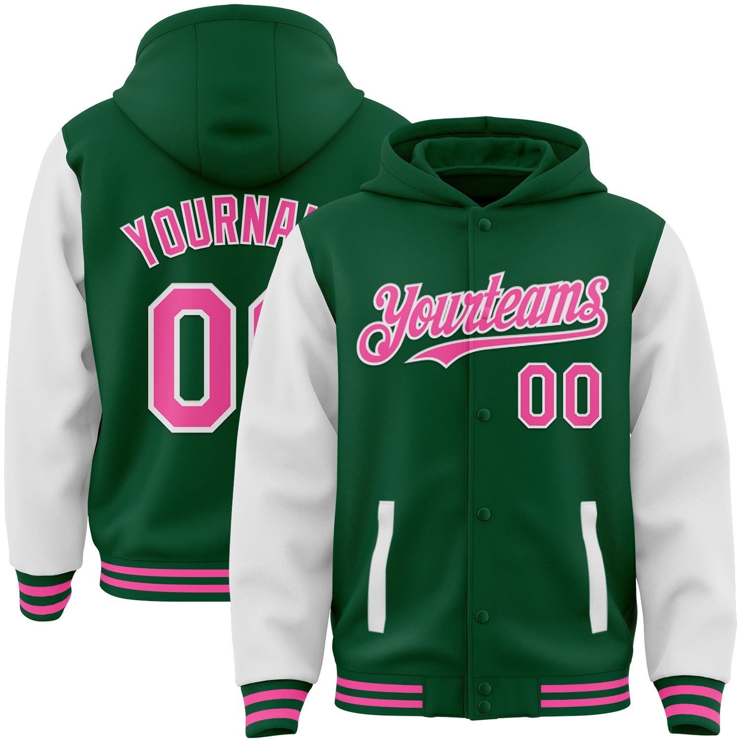 Custom Kelly Green Pink-White Bomber Full-Snap Varsity Letterman Two Tone Hoodie Jacket - Main View
