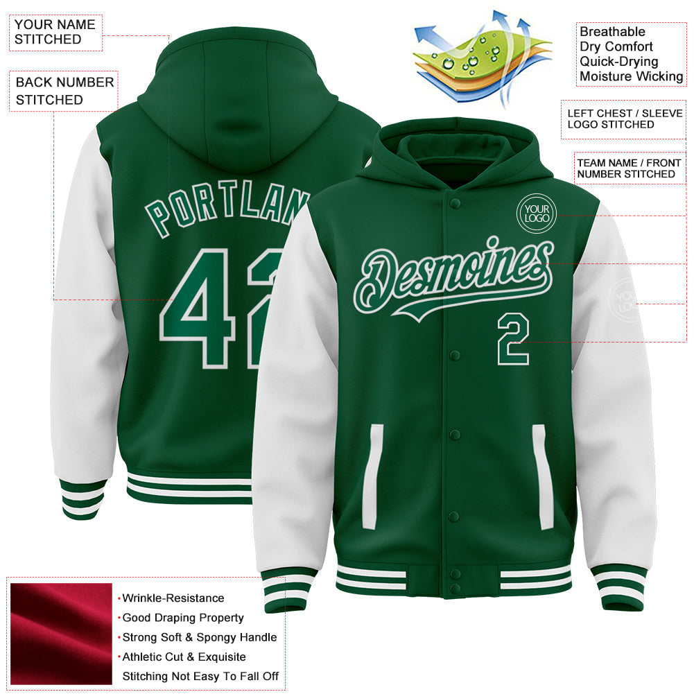 Custom Kelly Green White Bomber Full-Snap Varsity Letterman Two Tone Hoodie Jacket view 3