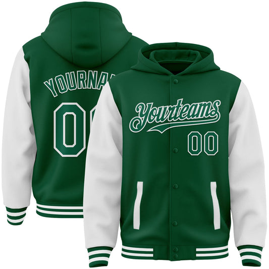 Custom Kelly Green White Bomber Full-Snap Varsity Letterman Two Tone Hoodie Jacket - Main View